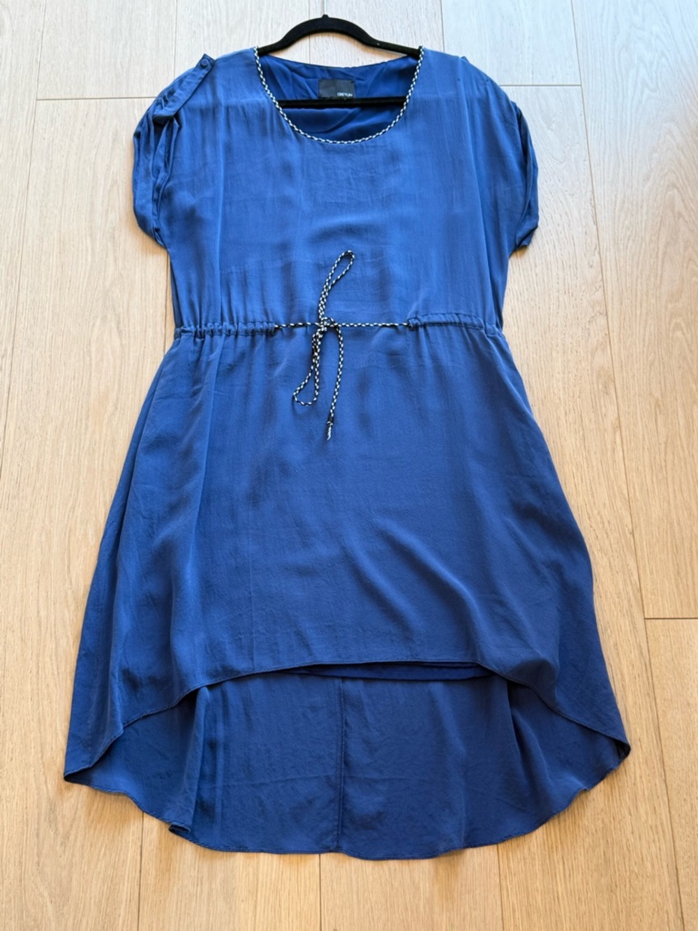 Vintage GREYLIN 100% Silk Navy Dress Asymmetrical Hem Tie Waist Size M